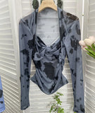 Tie-Dye-Print Long Sleeve Bottom Sexy Hottie V-Neck T-Shirt Folded Slimming Mesh Yarn Top