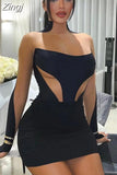 Women New Y2K Black Patchwork Sexy&High Street Elastic Skinny Mini Dress Trendy Turtleneck Waist Long Sleeve Chic