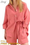 Women's 2 Piece Casual Outfits Loungewear Set Loose Comfy Long Sleeve Button Down Shirt + Elastic Waist Mini Shorts