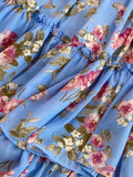 Vintage Floral Chiffon Long Dress Elegant O-Neck Puff Sleeve High Waist A-Line Ruffle Hem Vacation Beach Maxi