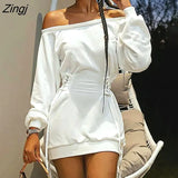 Fashion Off Shoulder Eyelet Lace Up Solid White Casual Dress Autumn Women Daily Workwear Party Wear Long Sleeve Mini