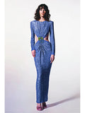 Shiny Sequins Hollow Backless Long Dress Elegant O-Neck Long Sleeve Flower Buckle Design Slim Dress Party Cocktail