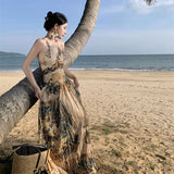 Zingj Retro Halter Dress Female V Collar Small Back Hollow Show Thin Holiday Fairy Skirt