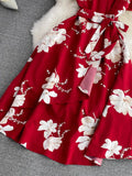 Women Printed Dress Elegant Turn-Down Collar Short Sleeve High Waist A-Line Red/Blue/Purple Slim Vestidos New