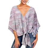 Women's Sexy Hot Girl Spring And Summer V-Neck Short-Sleeved Knot Print