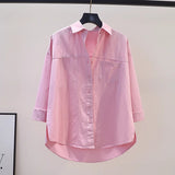 2025 Spring And Autumn Arts Fan Top Dress Design Sense Stitched Pink Side Open Fork Loose Casual Shirt