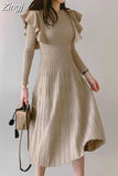 Elegant O-Neck Female Thicken Knit Long Dress Slim Full Sleeve Ruffles Women Sweater Dresses Vestidos Autumn 2023