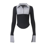 Zingj Women's Wear Fall 2023 New Polo Collar Temperament Stripe Contrast Color Slim All-Match Long-Sleeved Top