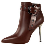 Shoes Belt Buckle Women Ankle Boots Leather Shoes High-heel Boots Stiletto Pointed Toe Short Boots Plush Winter