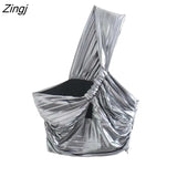 Women Sexy Metallic Color Single Shoulder Knotted Smock Blouse Lady Chic Pleat Side Zipper Crop Shirt Blusas Tops