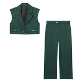 New Women's Short Lap Collar Vest Vest Top High Waist Broad Leg Trousers