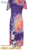 Women Tie Dye Sports Clothing Sets Lady Pullover Short Sleeve O Neck T Shirt Top + High Waist Knee Length