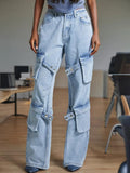 Personalized Retro Style Trousers 2025 Summer New High-Waist Multi-Pocket High-End Straight Water Wash Jeans