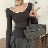 Contrast Color Trim Slim Long Sleeve Knit TopOutfit