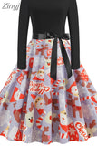 Dress Women Autumn Winter Long Sleeve High Waist Printed Vintage Party Sundress Elegant Xmas
