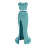 Blue Rhinestone Crop Corset And Maxi Slit Skirt Set- Outfit