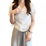 Zingj Sense V-Neck Draw Rope Slim Pure Desire Wind Short Sleeve T-Shirt Women's Wear 2024 Summer New Solid Color Student Jacket