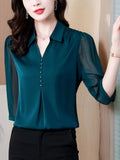Women Shirts V-Neck Button Three-quarter Sleeve Blouses for Women 2023 Fashion Womens Tops Solid Basic OL Blue Ladies