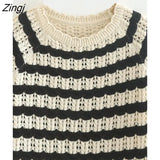 Women Vintage O Neck Striped Jacquard Mesh Net Knitted Sweater Female Long Sleeve Chic Pullover Casual Loose Tops