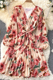 Women Floral Draped Mini Dress Bohemian Female V-Neck Puff Long Sleeve High Waist Bandage Pleated Vestido Female Robe