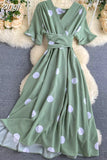 Women Polka Dot Midi Dress Vintage V-Neck Short Flare Sleeve Bandage A-Line Vestidos Female Casual Robe New