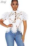 Casual Lantern Short Sleeve Stand Collar Shirts Sexy Lace Hollow Out Short Blouse Female Elegant Red White Loose