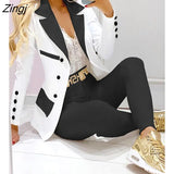 Women Turn Down Collar Double Breasted Long Sleeve Blazer Coat & Plain Pants Set Two Piece Elegant Suit Office Lady