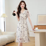 Feng Shuo Ink Printing V-Neck Dress Women 2025 Summer New Lotus Leaf Sleeve Mother Chiffon