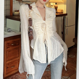 Front Tie Ruffle Long Sleeves BlouseOutfit