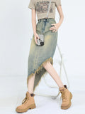 Zingj High Waist A-Line Denim Skirt Skirt Female Spring And Autumn Irregular Design Sense Long Skirt Small Tassel