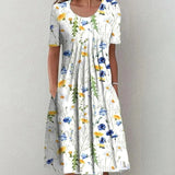 Floral Print Round Neck Pocket Mid-length