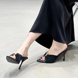 Spring And Summer New High-Heeled Metal Buckle Folded Tip-Toed Cool Slippers Sexy Fine And Lady Cloth
