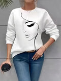 Spring And Autumn New Women's Fashion Face Printed Round-Neck White