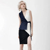 New Splicing Fold Design Irregular Hem Can Be Buckled Buckle Top Vest Coat Female