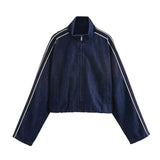 Women's INS Explosion Fashion Casual Splicing Striped With Denim Jacket + Trousers