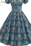 Women Vintage Floral Printed Summer Dress Puff Sleeve Elegant A-line Midi Party Dress Robe Chic Rockabilly Pinup