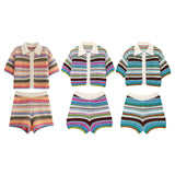 钩编 POLO T-Shirt Blouse Striped Crochet Shorts Set For