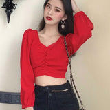 Women Solid Spring New Arrival Retro Puff Sleeve Tunic Crop Top Elegant Sexy Bodycon Long Sleeve Shirt Korean Lady