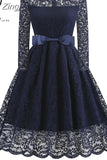 Women Winter Lace Long Sleeve Sexy Evening Party Hepburn 50s Elegant Vintage Autumn Dress Belt
