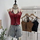 Shooting Locomotive Punk Pu Splicing Fishing Net Hanging Neck Sling Vest Babes Wearing Rope Repair Short Blouse