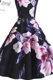 Women Vintage Floral Print Summer Dress Elegant Swing Rockabilly Party Dresses Casual Midi Tunic Beach