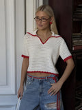 Summer New Knitted Hollow Navy Round Five-Sleeve Polo Shirt Front Shoulder Women Short Loose