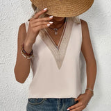 Summer Sleeveless Tank Tops V-neck Chiffon Shirt Woman Lace White Satin Blouse Casual Loose Office Lady Elegant