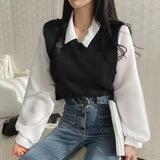 Zingj Plus Size Fat Mm Fake Two T-Shirt Female Splicing POLO Collar Long Sleeve Hoodie Screw Thread Loose Versatile