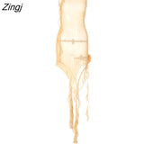 Tulle Flower Asymmetrical RUFFLES O-Neck Tank Mini Dress Women Mesh See Through Sexy Wrap Dress Elegant Slim
