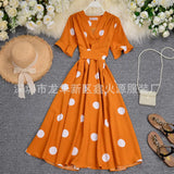 Zingj Big Wave Point Foreign Air Horn Short Sleeve Temperament V Neck Tie Closed Waist Show Thin Long Dress Female Summer