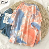 Women Short Sleeve Tie-dye Colorful O-neck Couple Bf Loose Popular Korean Style Harajuku Students Streetwear Tops