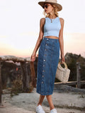 Side Slit Buttoned Denim Midi Skir- Outfit