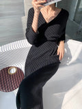 Sleeve V-Neck Sweater Sexy Backless Knitted Midi Dress Women Elegant Female Slim Evening Party Prom Clothes Autumn