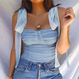 Spaghetti Strap Slash Neck Chiffon Camisole Women Sleevesless Casual Camisole Ruffles Backless BOW Bandage Crop